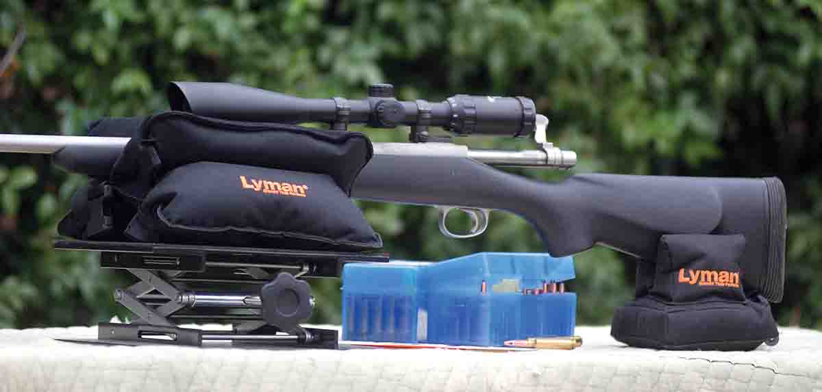 The Lyman Bag Jack paired with the Lyman Match Bag forend support and Crosshair Rear Bag allow a shooter to set up a stable, correct-height shooting platform from any bench or shooting table.